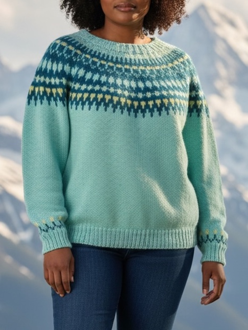 Hand Knit Crafted Wool Blend Fair Isle Coastal Winter Green Sweater Size L